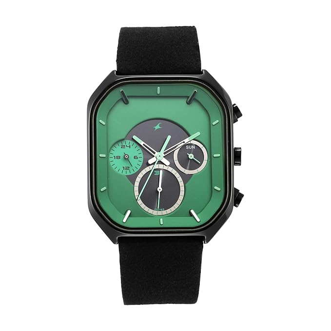 Fastrack Mens After Dark Quartz Analog with Day and Date Green Dial Leather Strap Watch